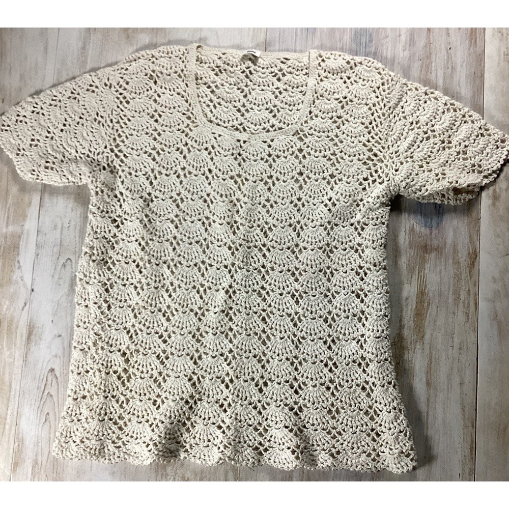 Ivory Crochet Short Sleeve Top Women's Medium Boho Cottagecore GrandmaCore Gypsy